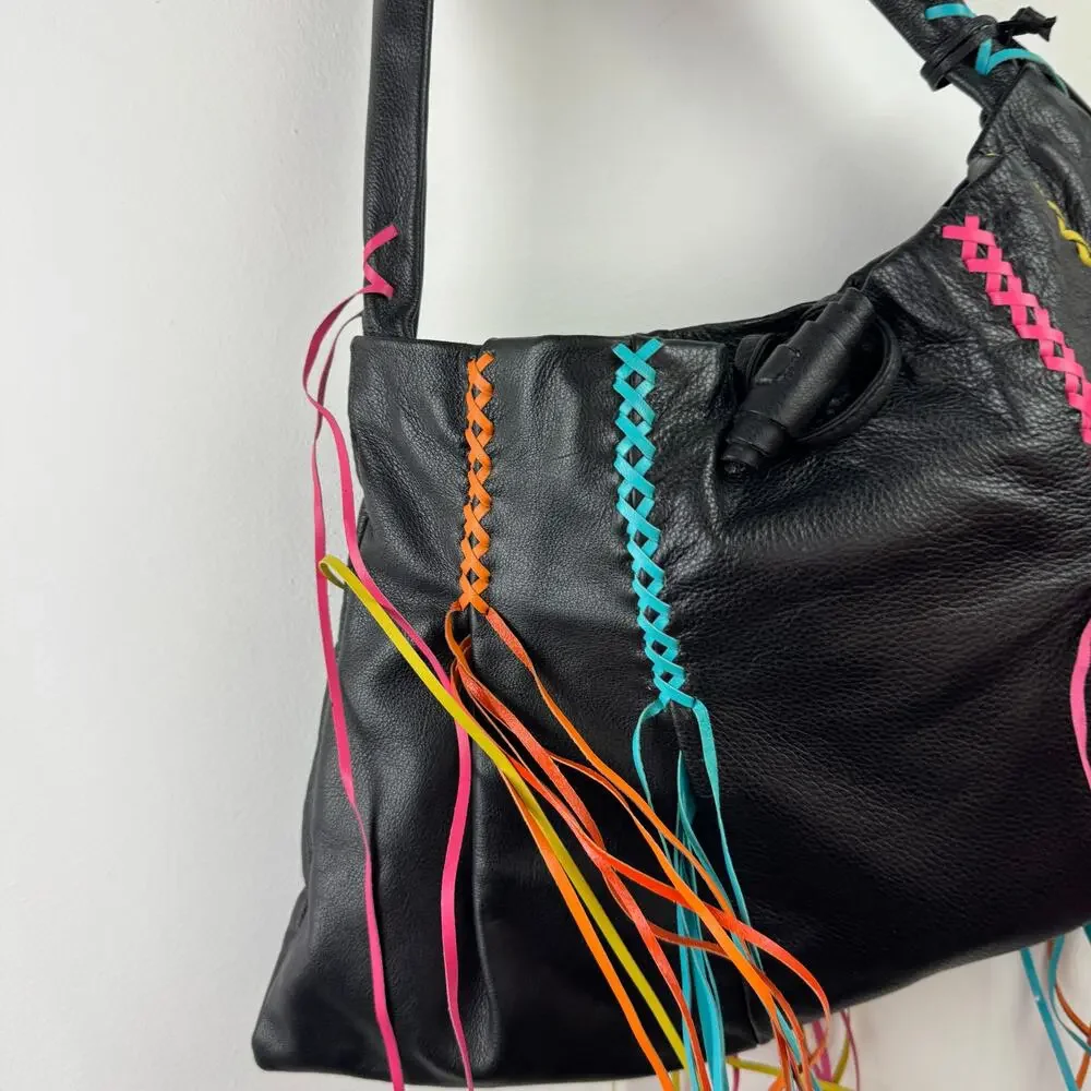Vintage Y2k 90's Sharif Studio Handbag Black Braided Leather Fringe Hobo Bag